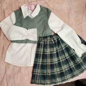 Green Plaid Skirt and White Blouse Set